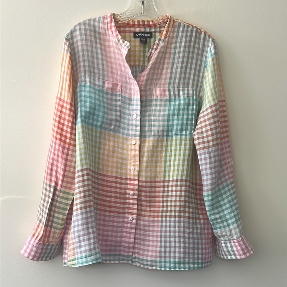 Lands End Linen Pastel Plaid Womens Button Front Rolled Sleeve Tab Gingham